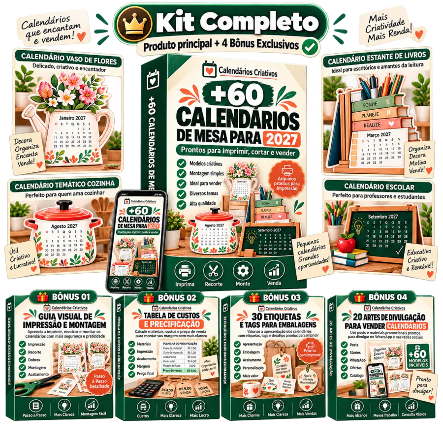 Mockup do Kit Completo com o box principal e os quatro bônus